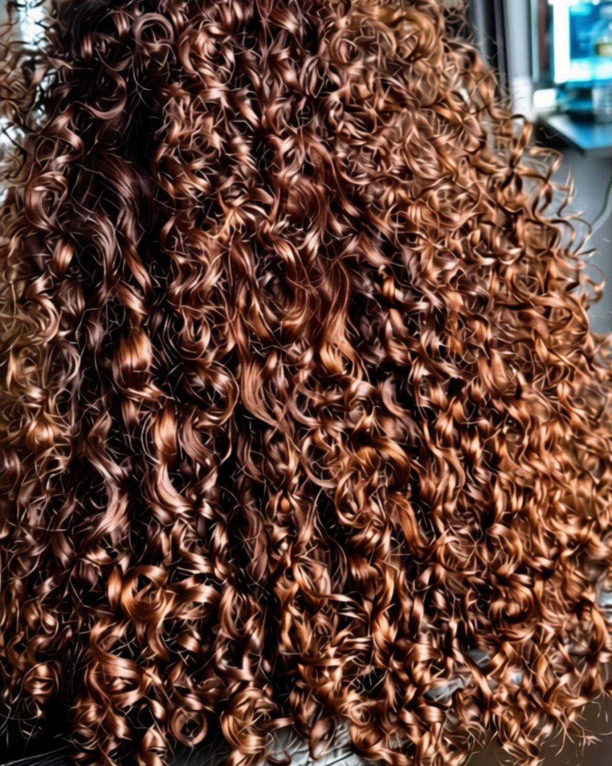 Brillo intenso en cabello rizado color cobrizo